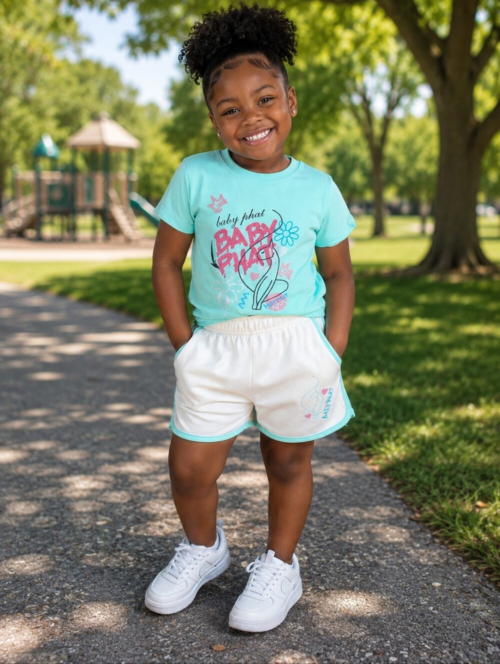 Baby Phat Mint and White Graphic Tee + Shorts Set